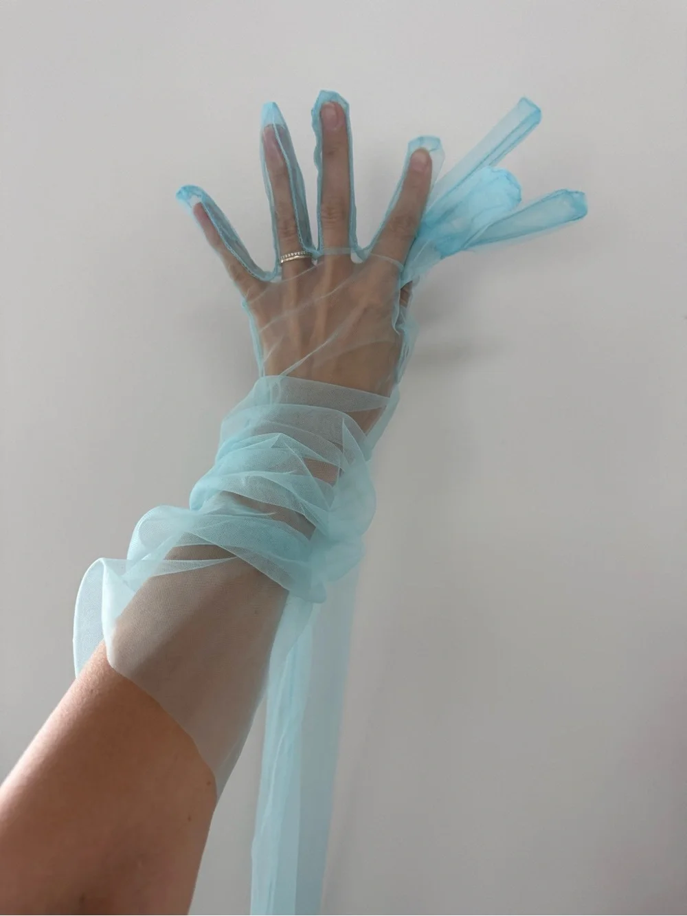 Sheer Light Blue Ruched Gloves